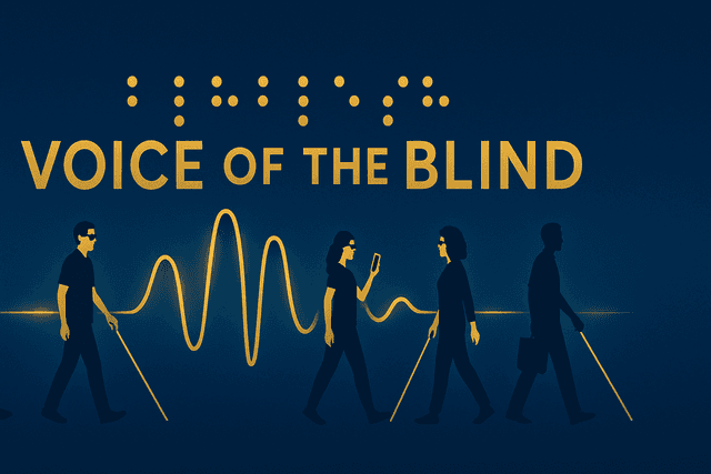 Voice of the Blind logo: a row of braille dots above the words 'Voice of the Blind' in gold, with silhouettes of four people using white canes connected by a glowing gold sound wave, on a dark navy background.